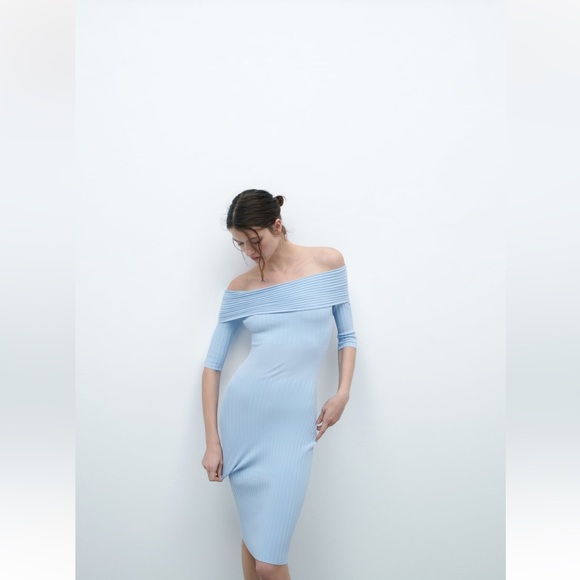 Zara OFF-THE-SHOULDER KNIT DRESS. Light Blue. Size S. New with Tags. - Picture 3 of 10